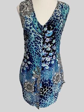 Papa Womens Blue Summer Button Up V-neck Sleeveless Tunic Top-Sz-S